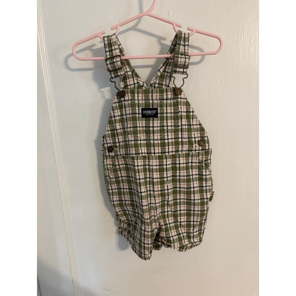 OshKosh Green Plaid Short Overalls Size 6/9 M 100% cotton
